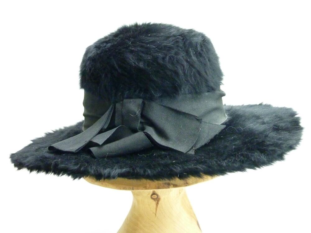Vintage Black Edwardian Angora Fur Hat with Ribbon Bow Merrimac